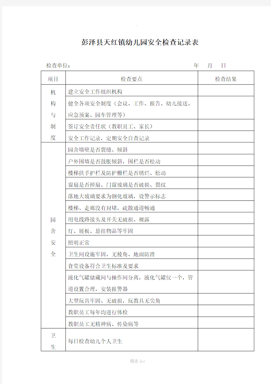 幼儿园安全检查记录表40241