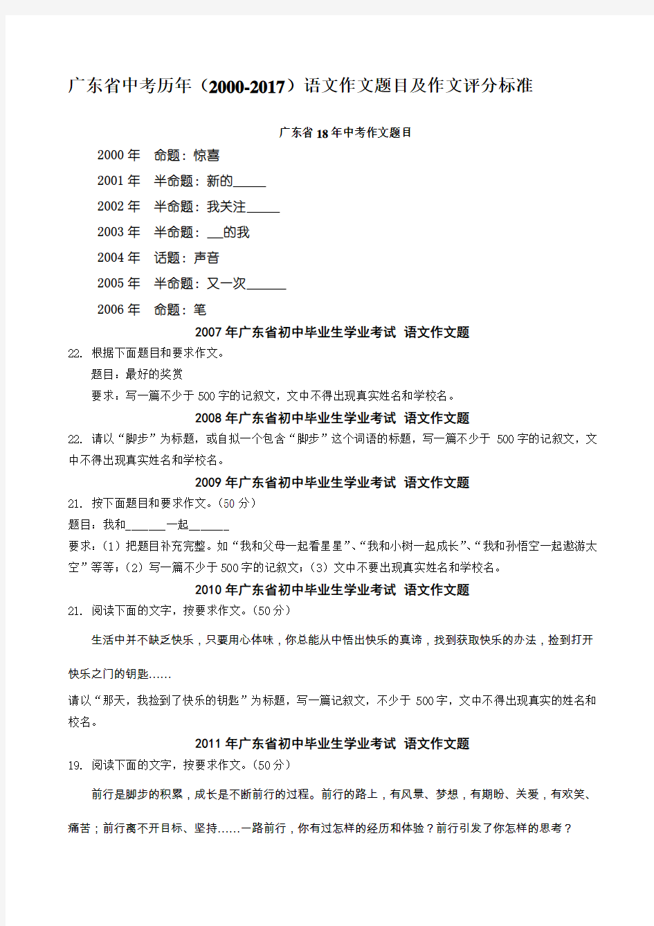 广东省中考语文历年(2000-2017)作文题目及作文评分标准
