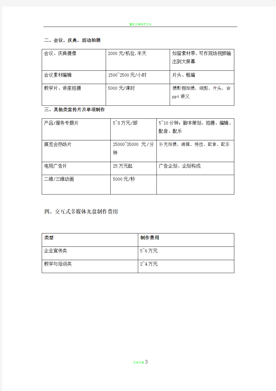 视频制作报价单