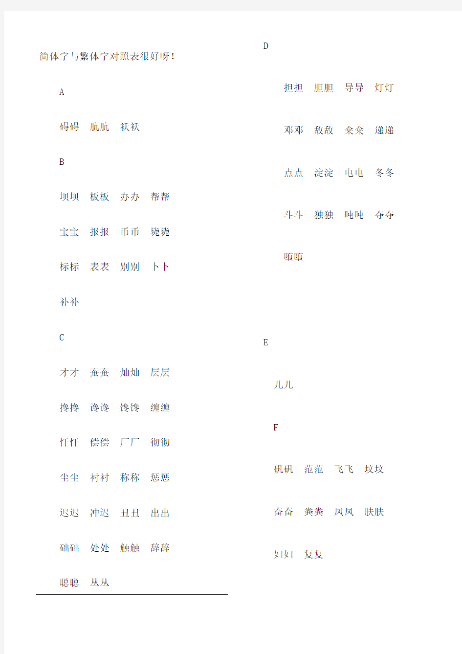 简体字与繁体字对照表格大全