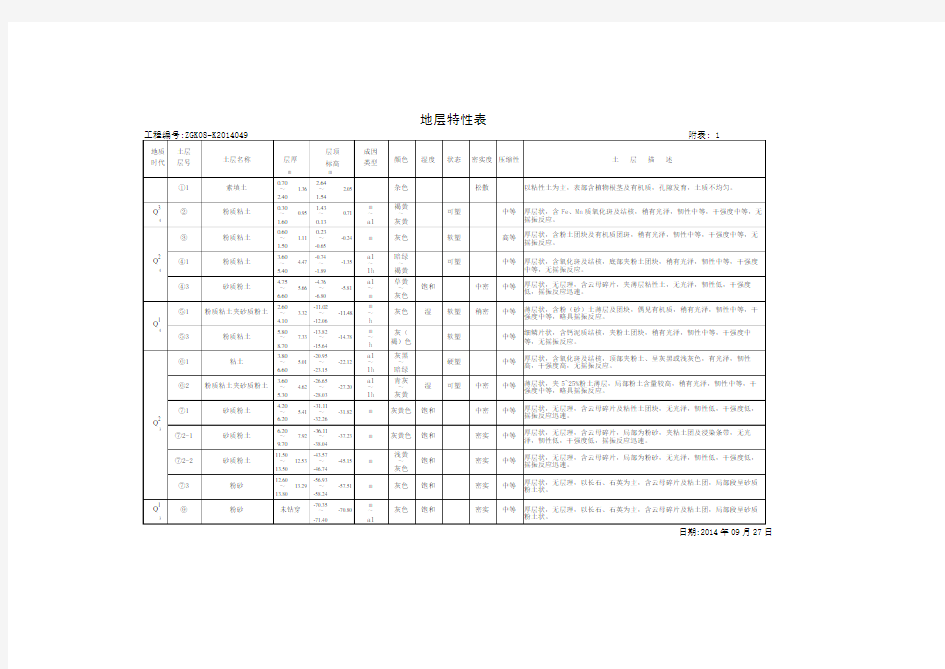 地层特性表