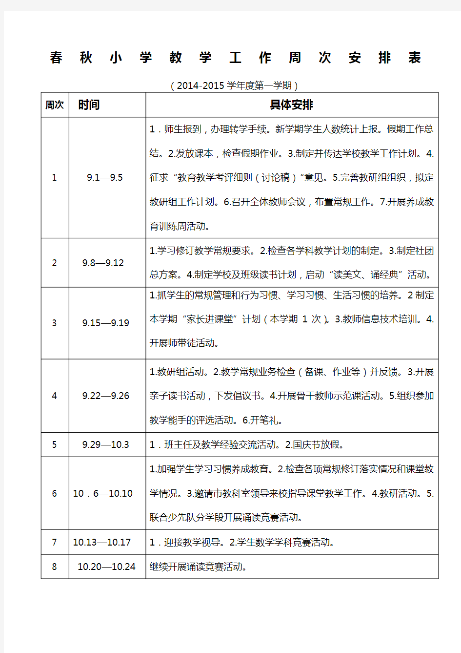 教学工作周次安排表