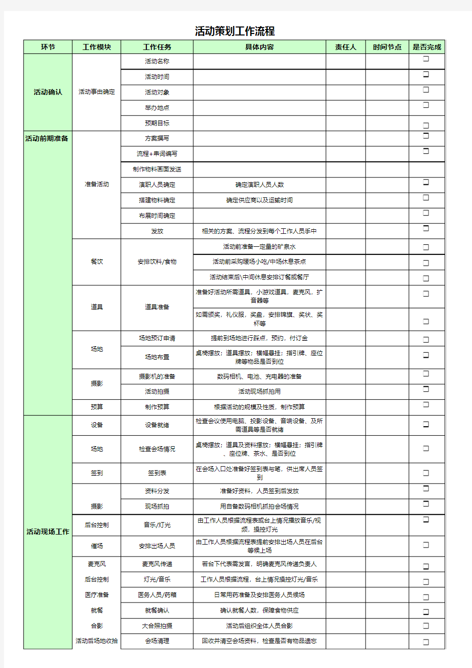 活动策划工作流程及清单