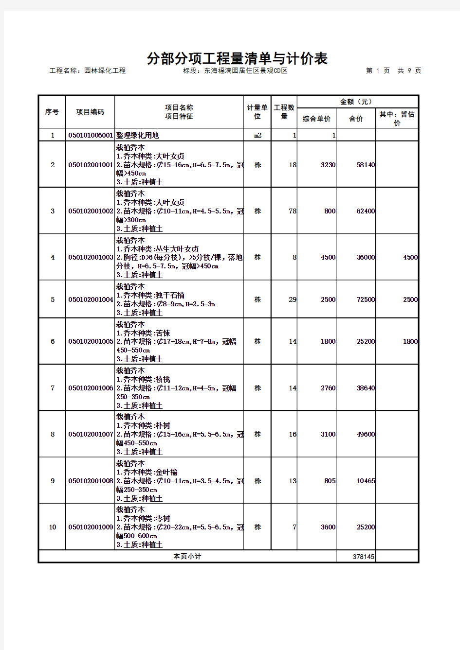 园林绿化工程报价单