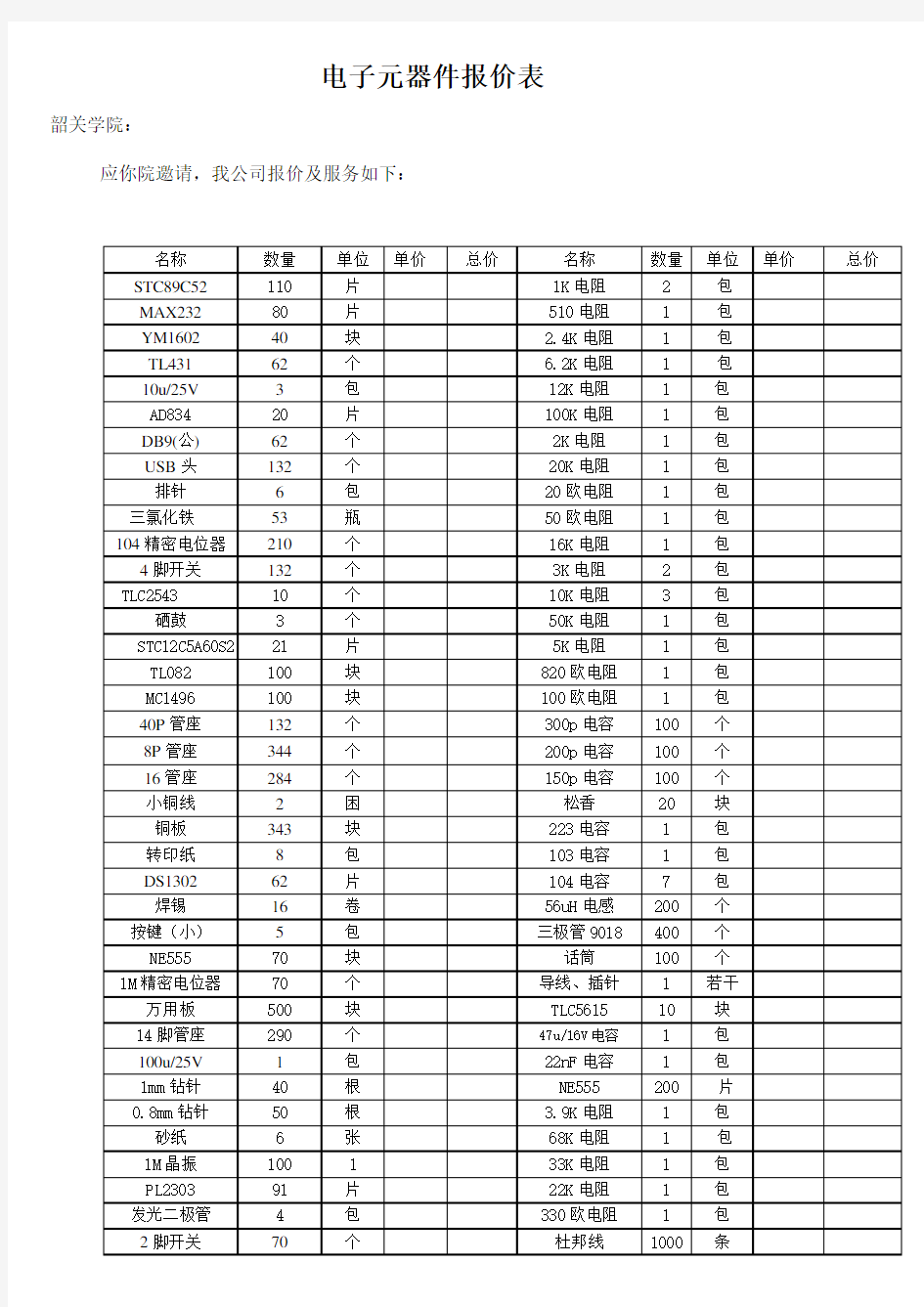 电子元器件报价表