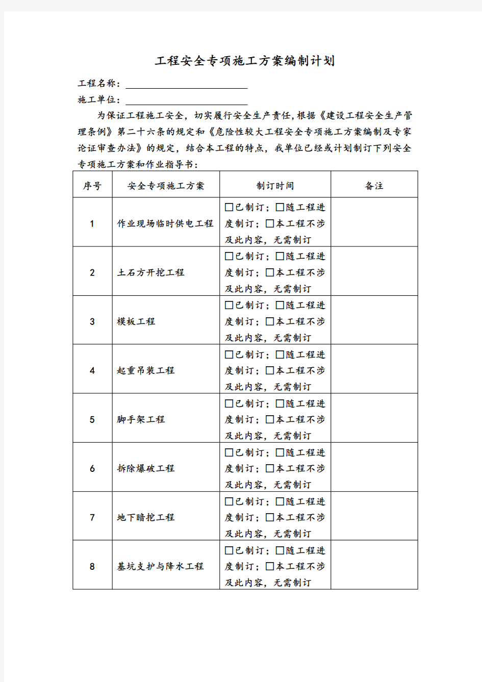 工程安全专项施工方案编制计划