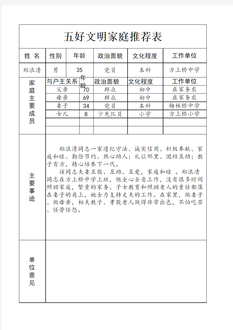 五好文明家庭推荐表