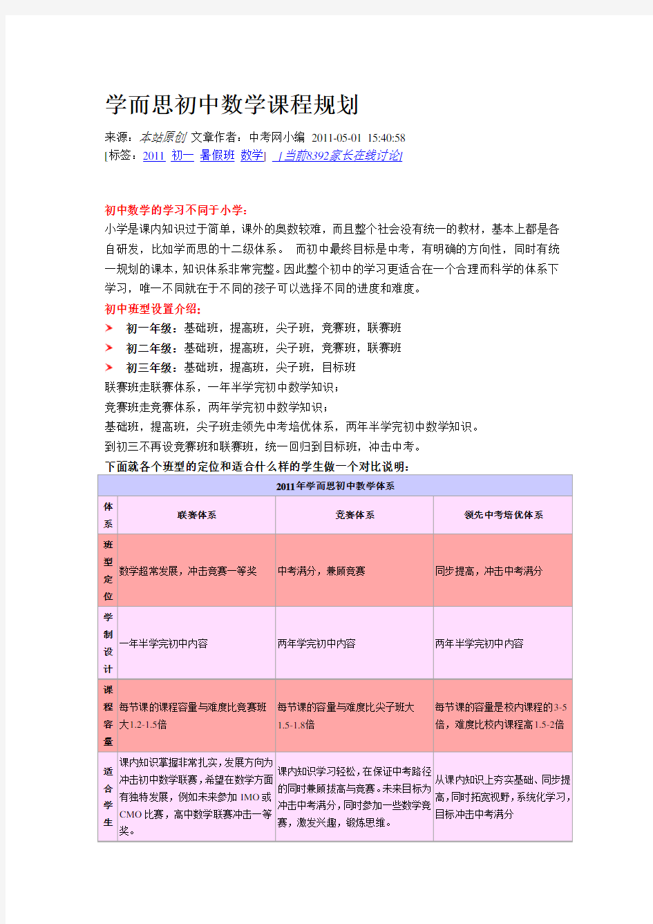 学而思初中数学课程规划