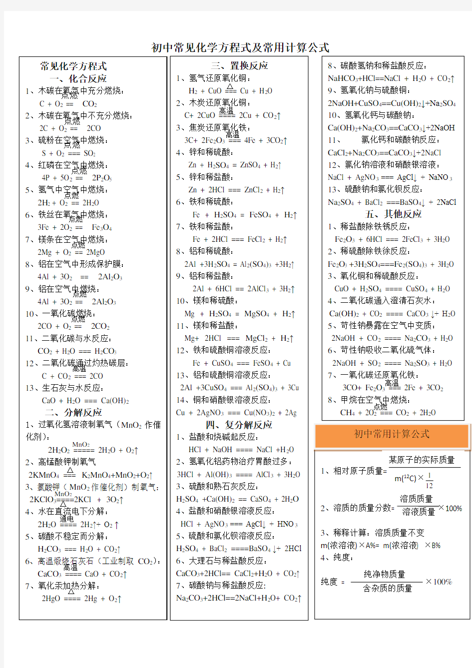 常见化学方程式及常用计算公式