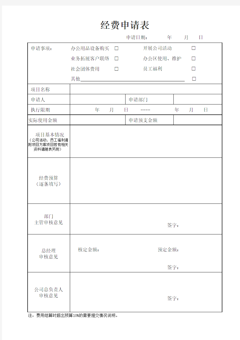 公司费用申请审批表