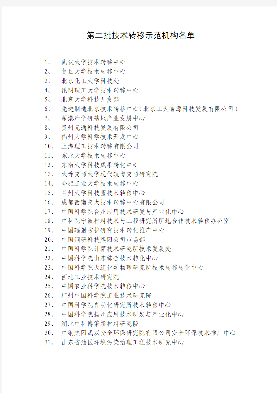 第二批技术转移示范机构名单