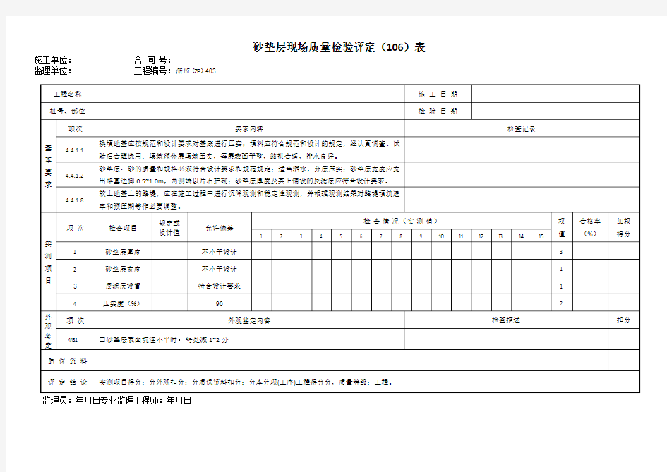 砂垫层现场质量检验评定(106)表