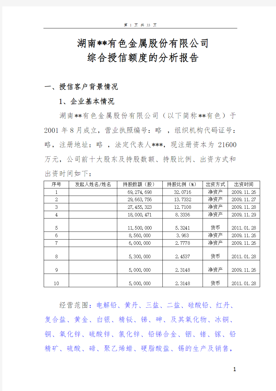 银行授信报告案例