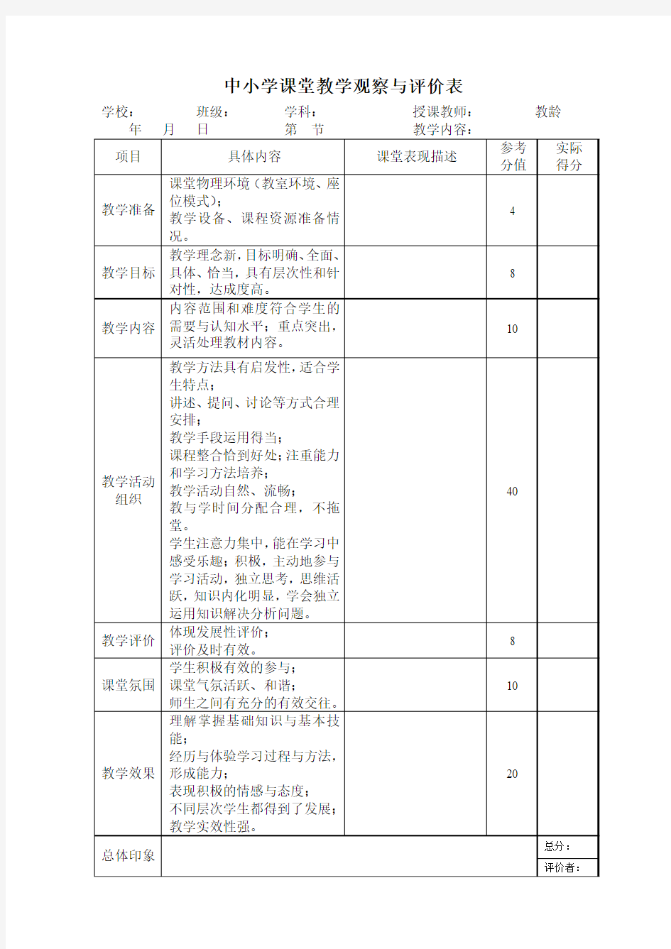 课堂观察与评价表