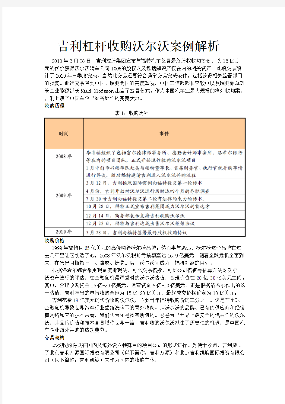 吉利杠杆收购沃尔沃案例解析