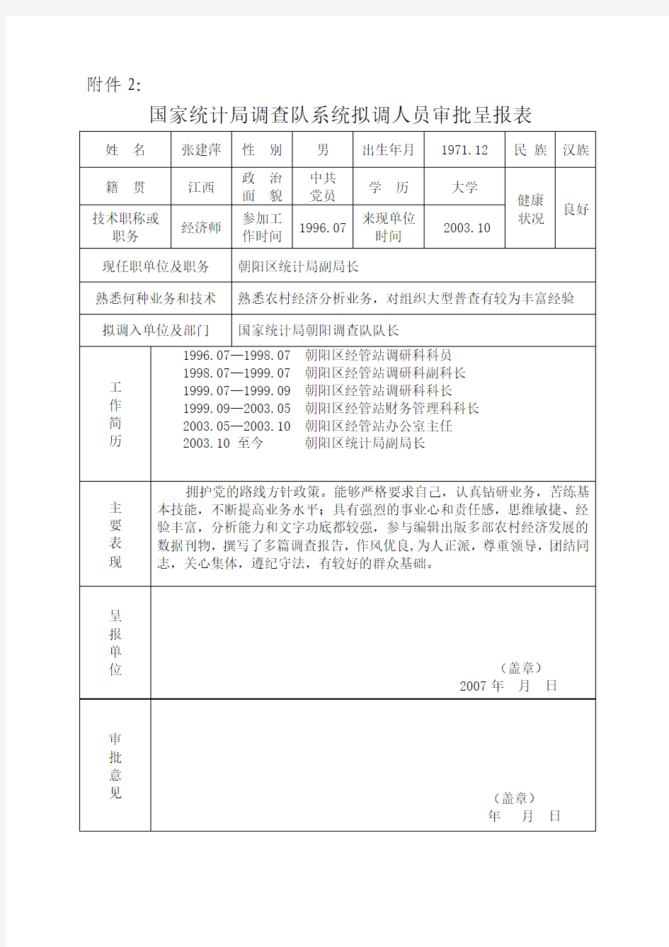 国家统计局调查队系统拟调人员审批呈报表