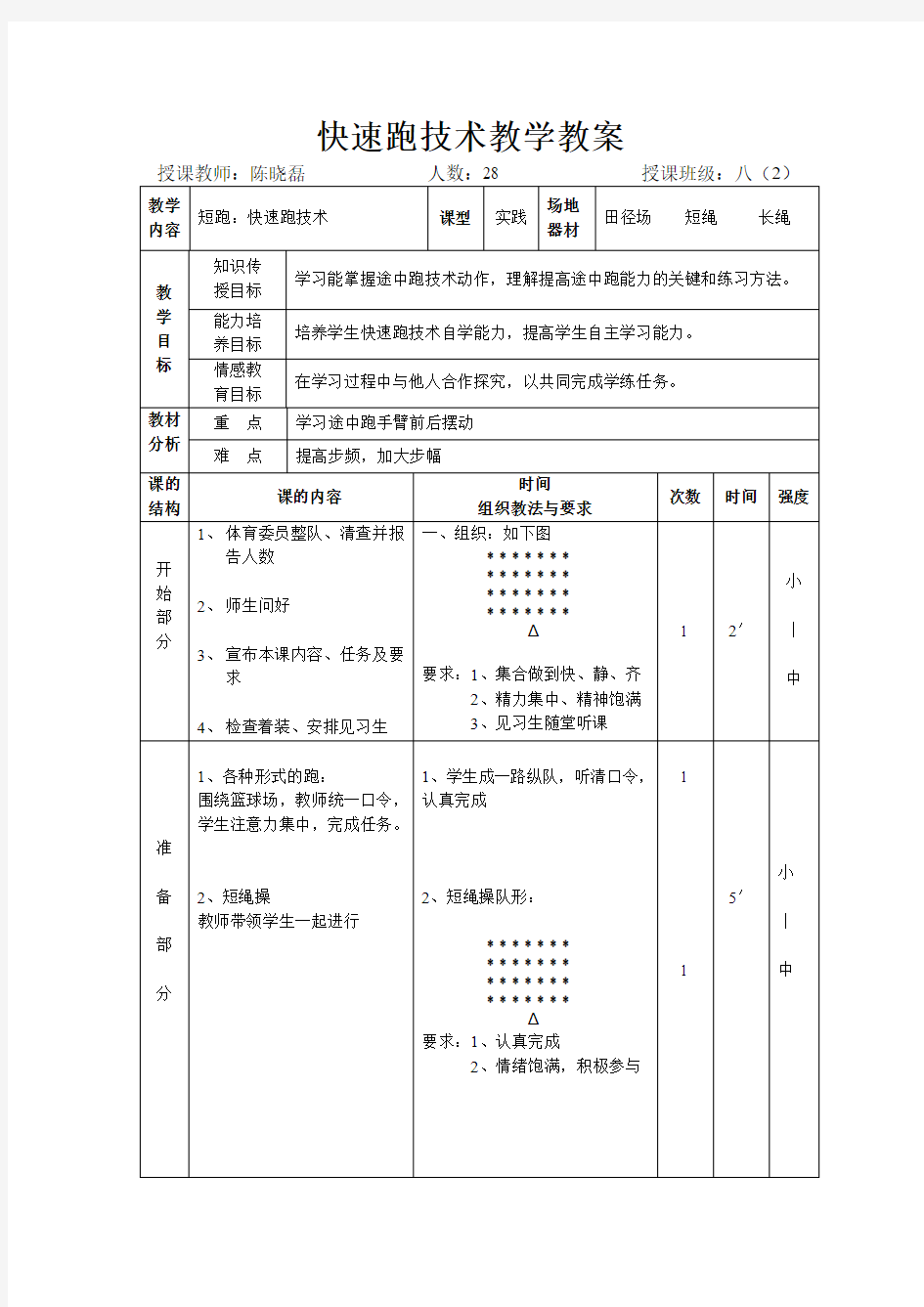 快速跑技术教学教案(公开课)