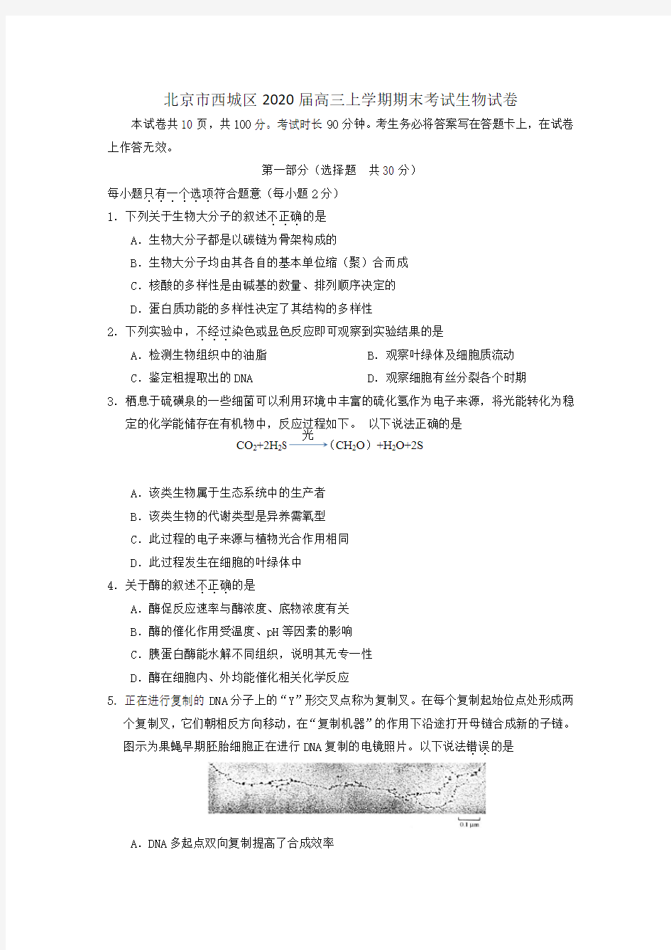 北京市西城区2020届高三上学期期末考试生物试卷(含答案)
