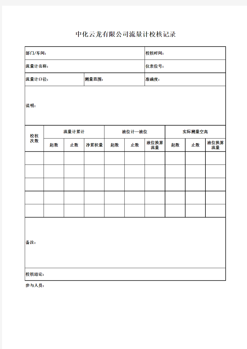 流量计校核记录(空表)