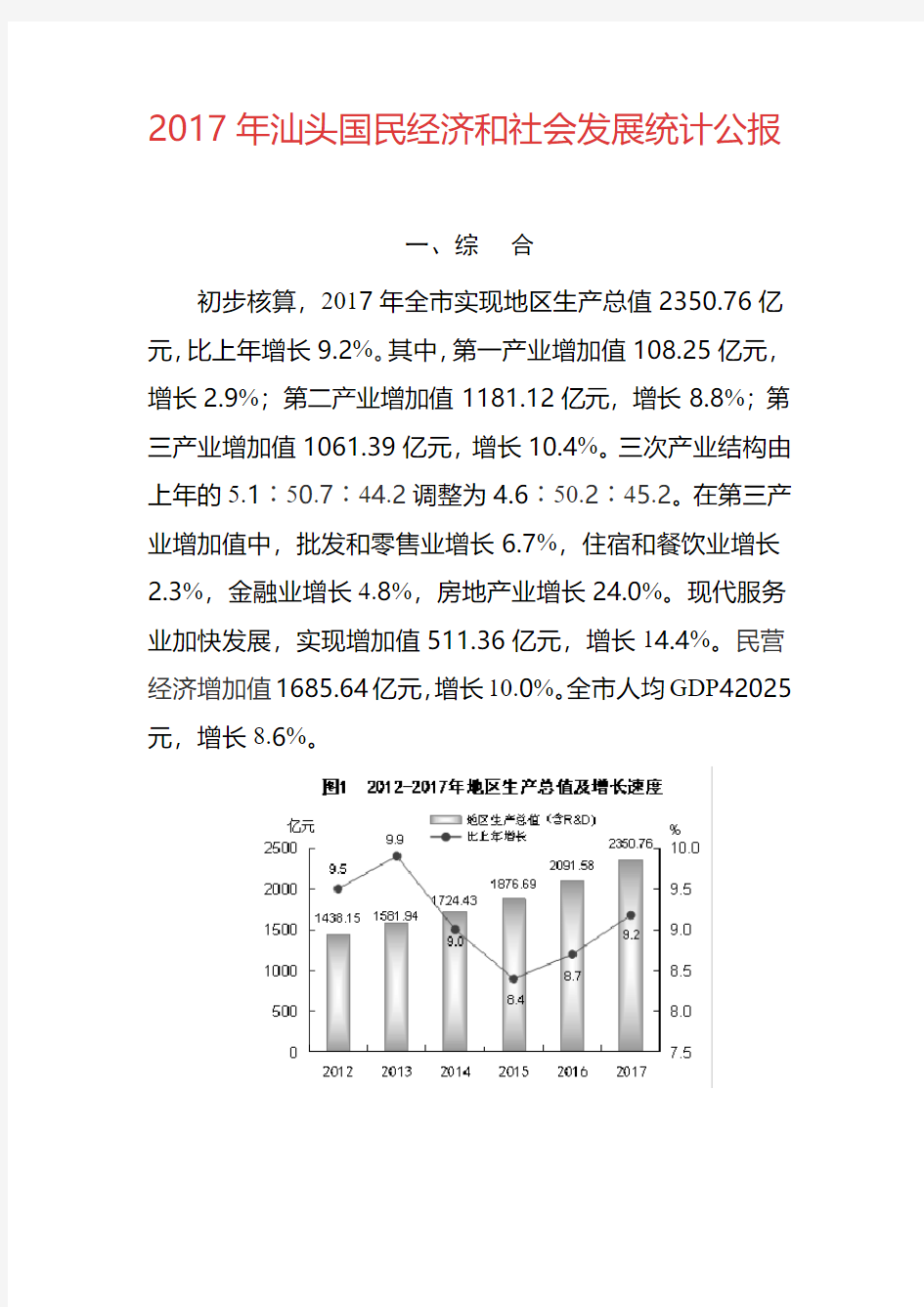 2017年汕头国民经济和社会发展统计公报