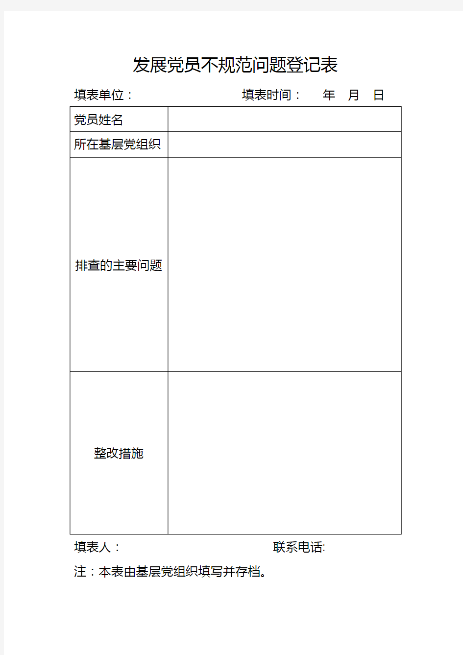 发展党员不规范问题登记表