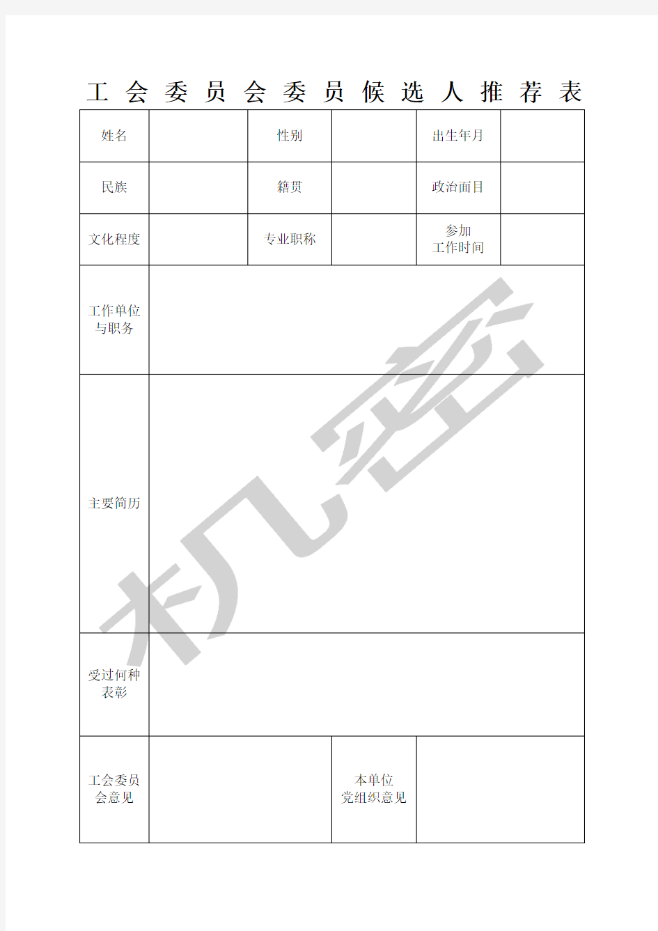 工会委员会委员候选人表