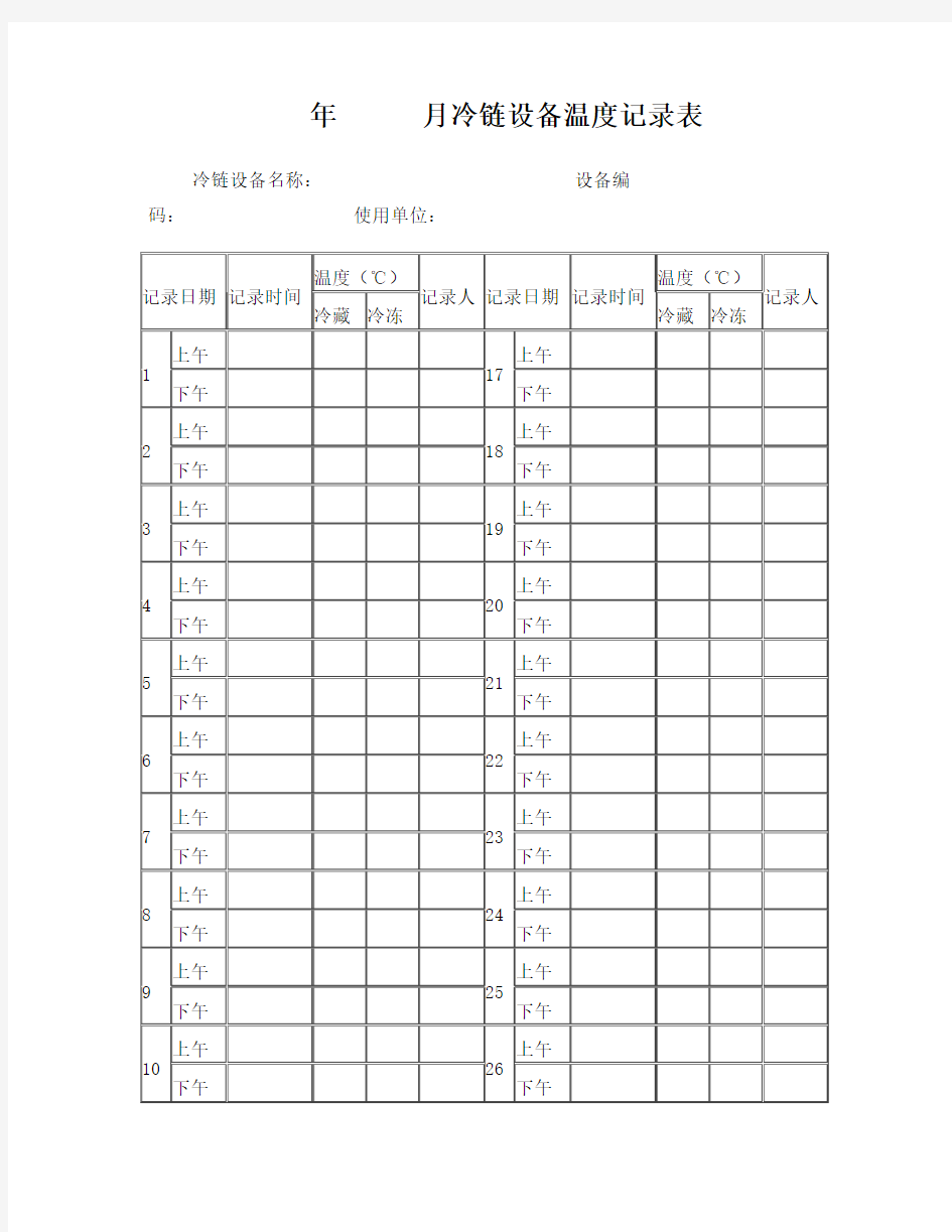 冷链设备温度记录表