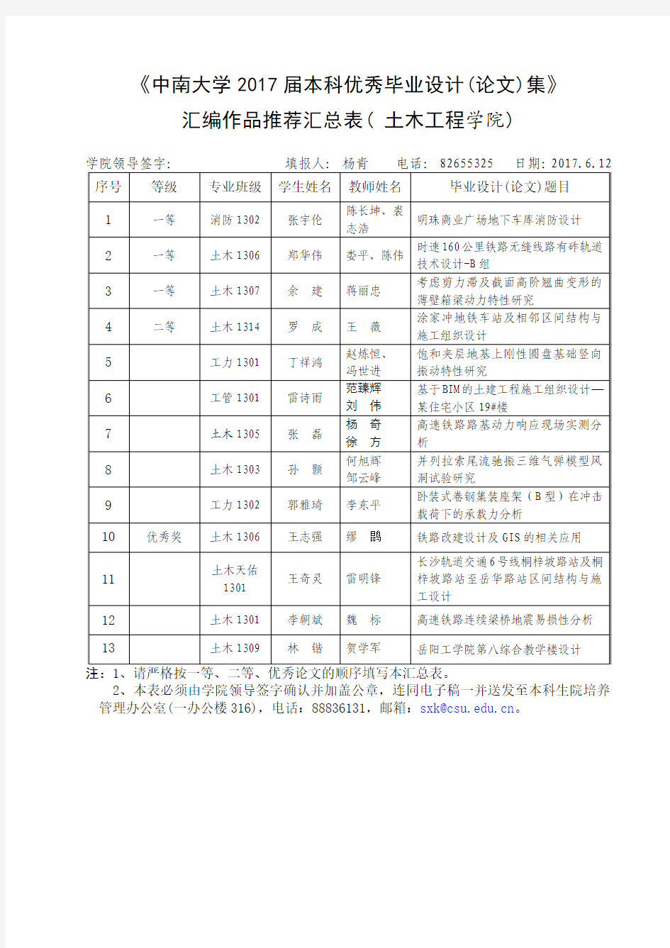 中南大学2017届本科优秀毕业设计论文集