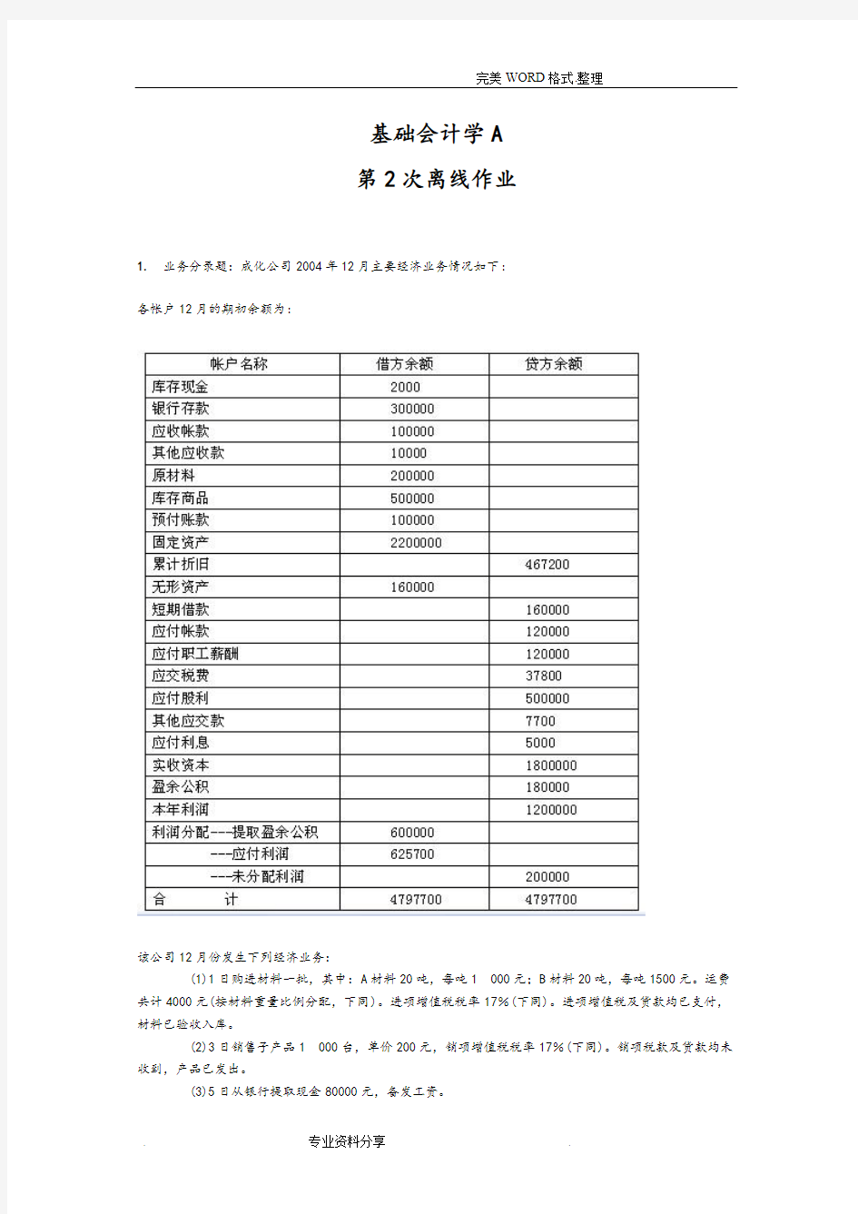 基础会计学A2014年离线作业