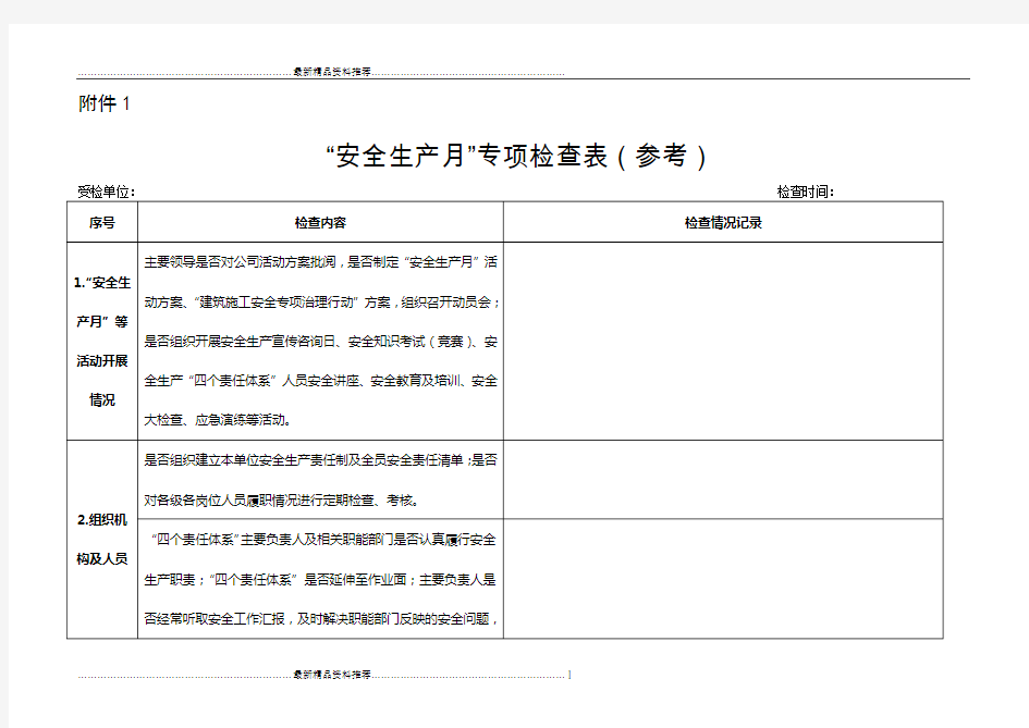 最新“安全生产月”专项检查表(参考)