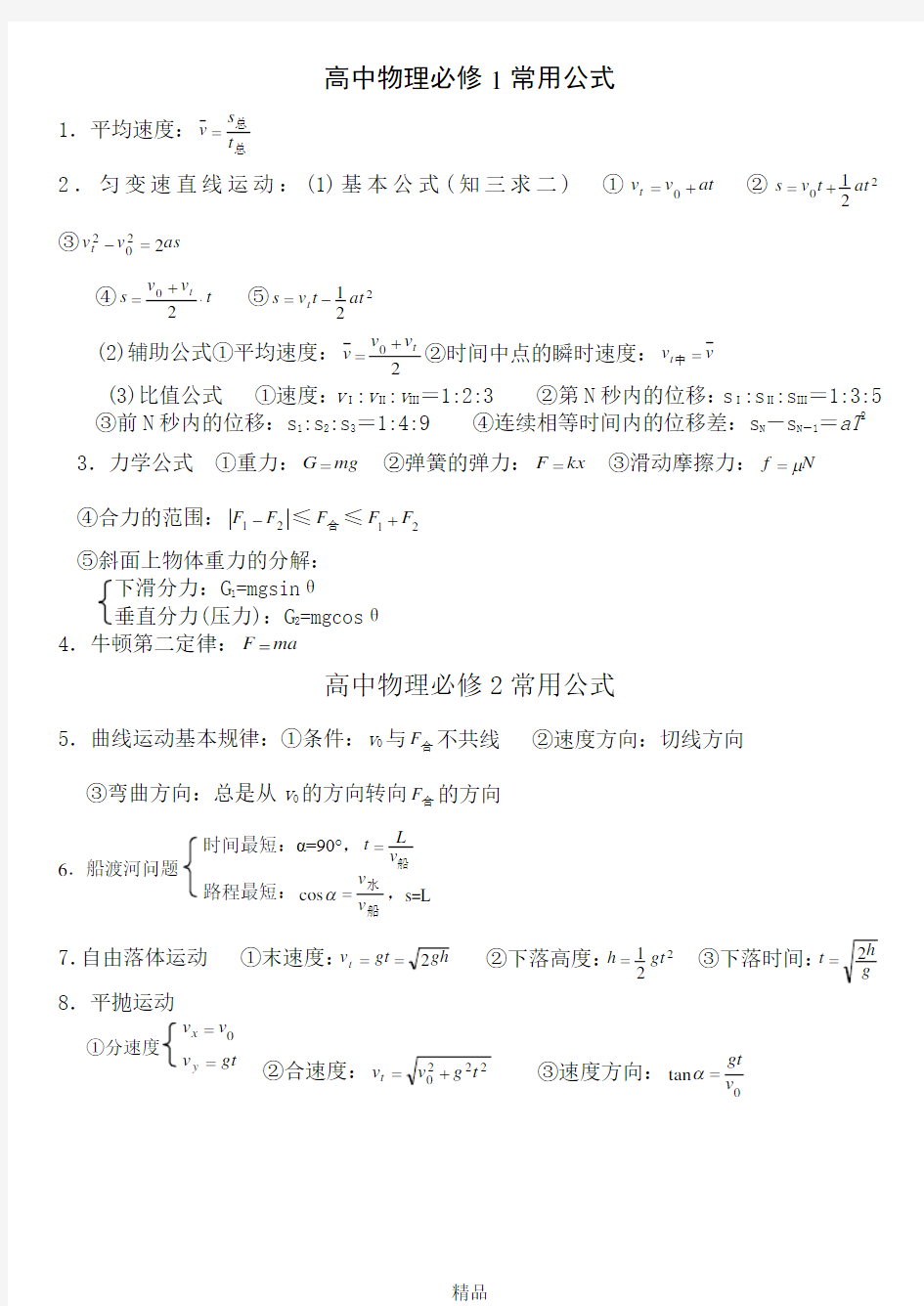 高中物理学业水平考试常用公式