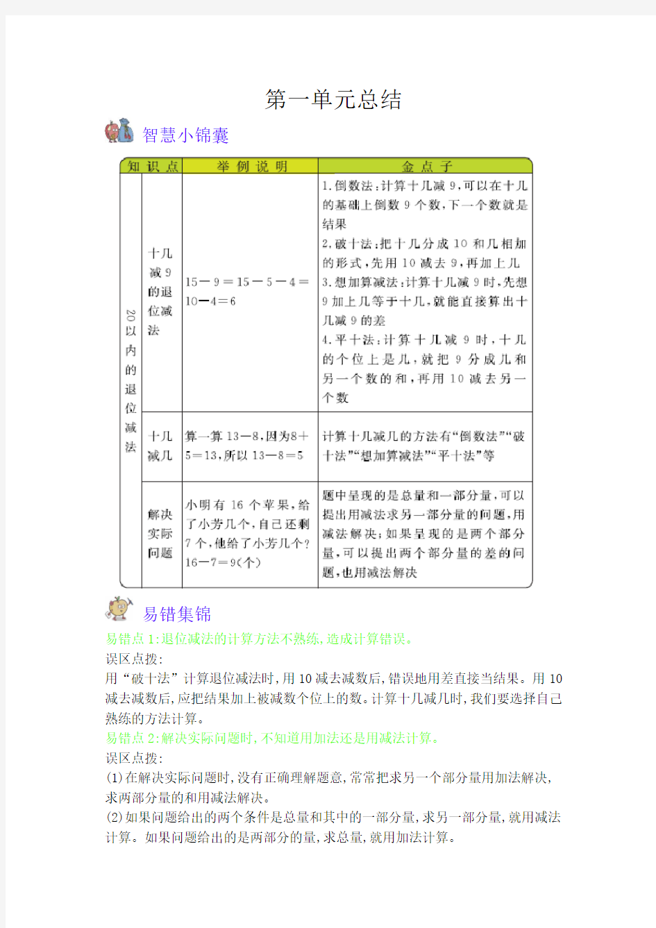 苏教版小学数学一年级下册知识点整理汇总(全册)