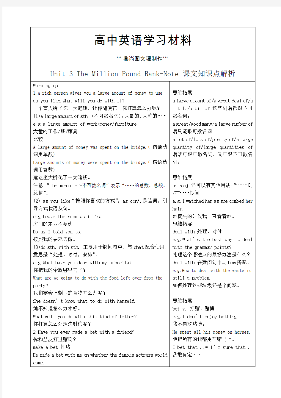 人教版高中英语必修三Unit3TheMillionPoundBank-Note课文知识点解析.docx