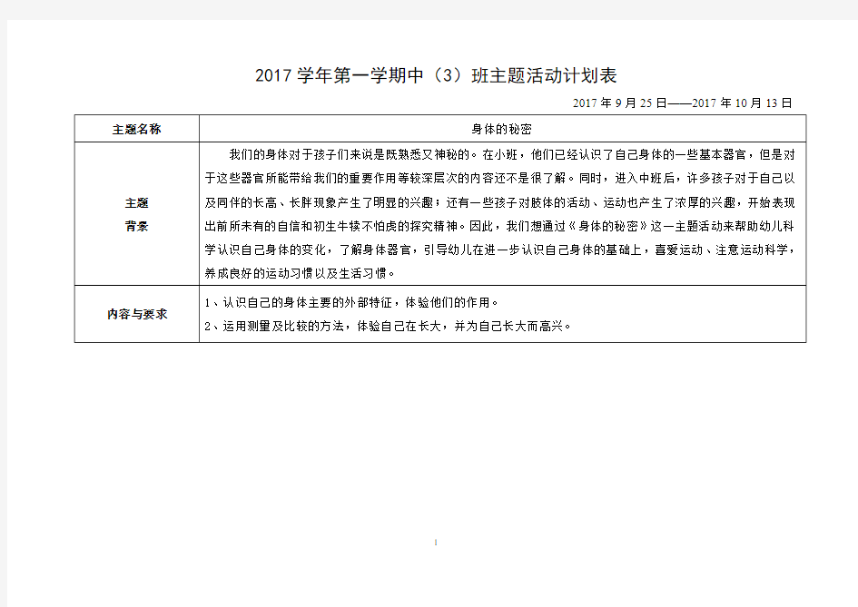 幼儿园中班主题教育活动计划——身体的秘密