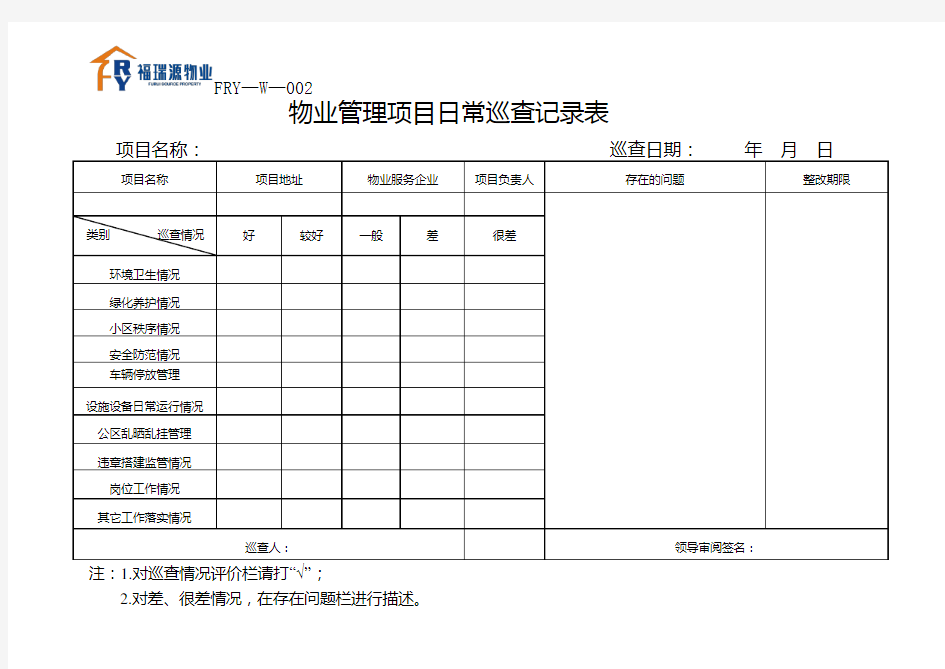 物业管理项目日常巡查记录表