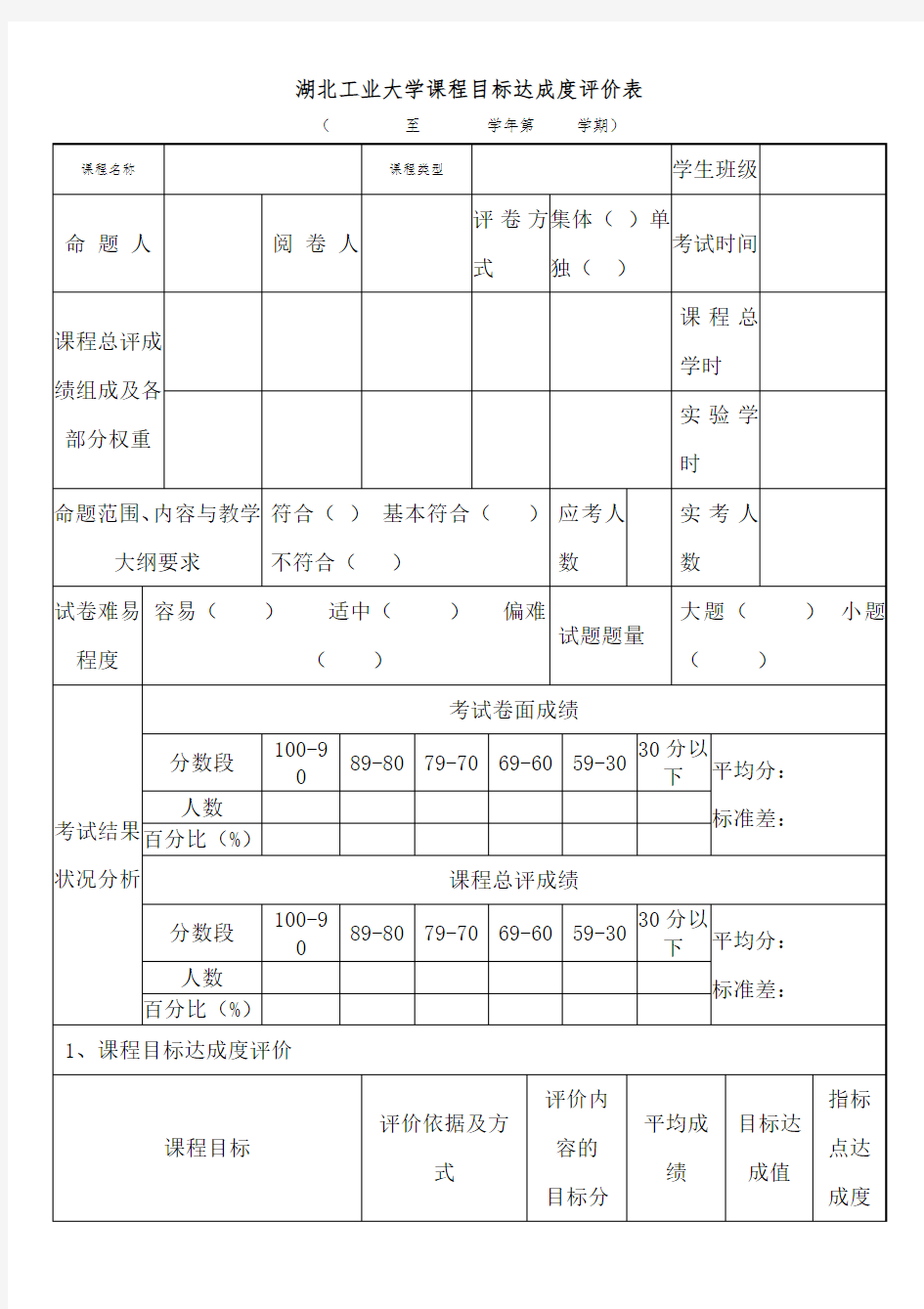 湖北工业大学课程目标达成度评价表