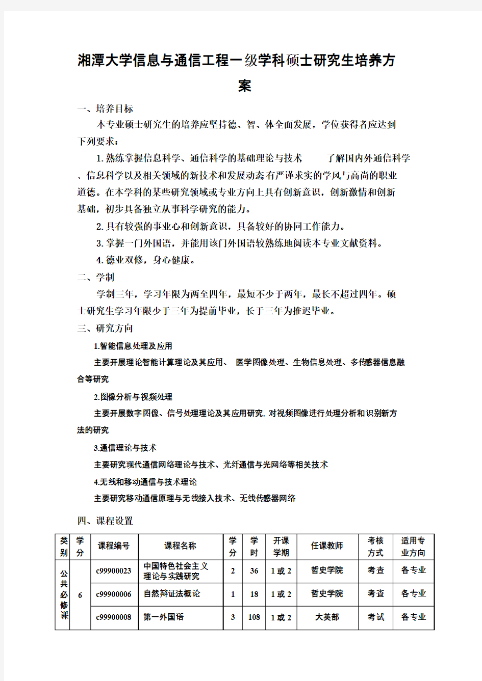 湘潭大学信息与通信工程一级学科硕士研究生培养方案