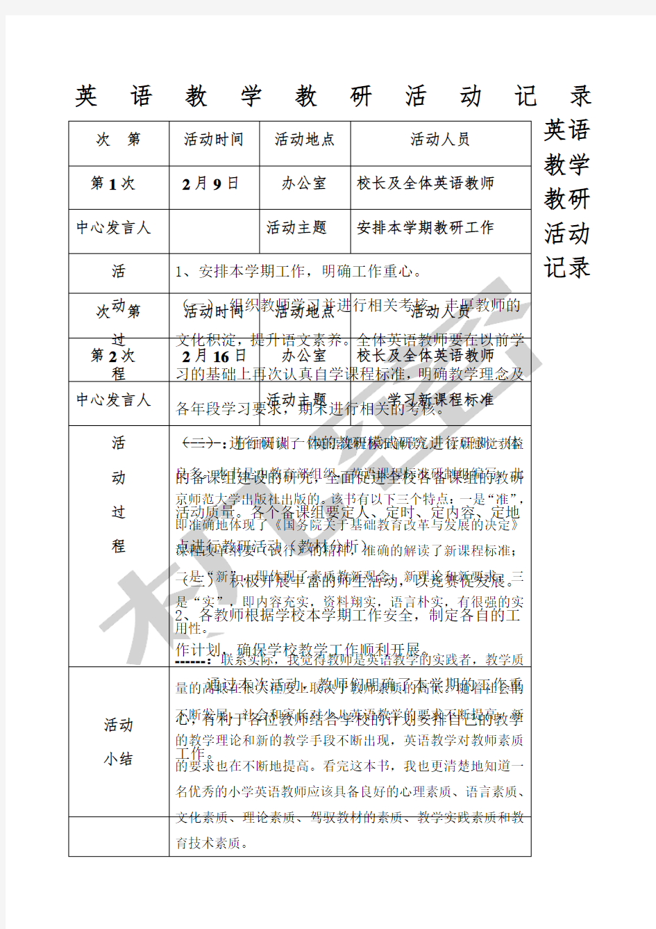 小学英语教研记录