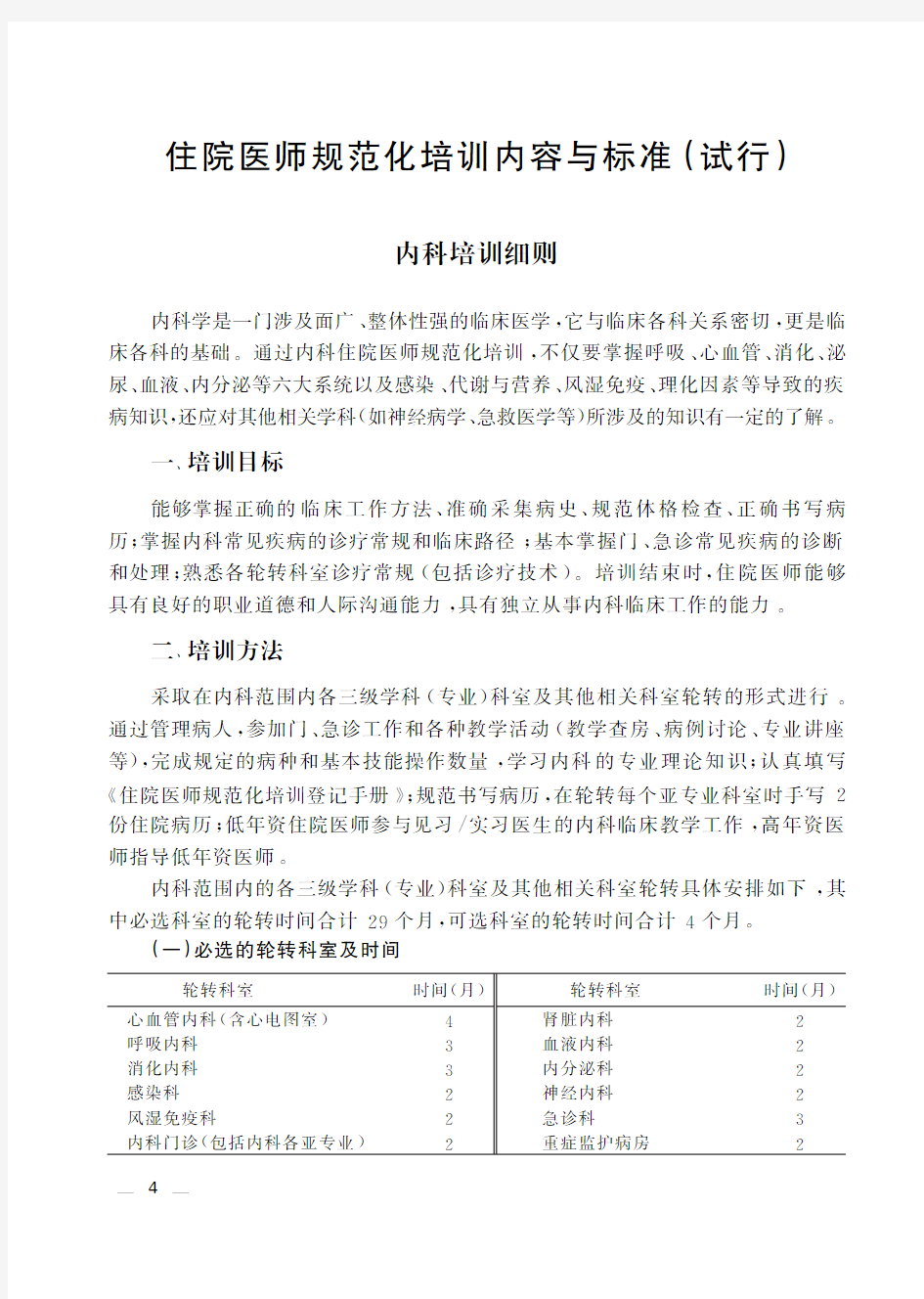 国家住院医师规范化培训内科培训细则