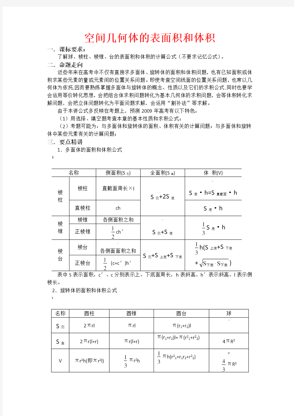 空间几何体的表面积和体积讲解及经典例题