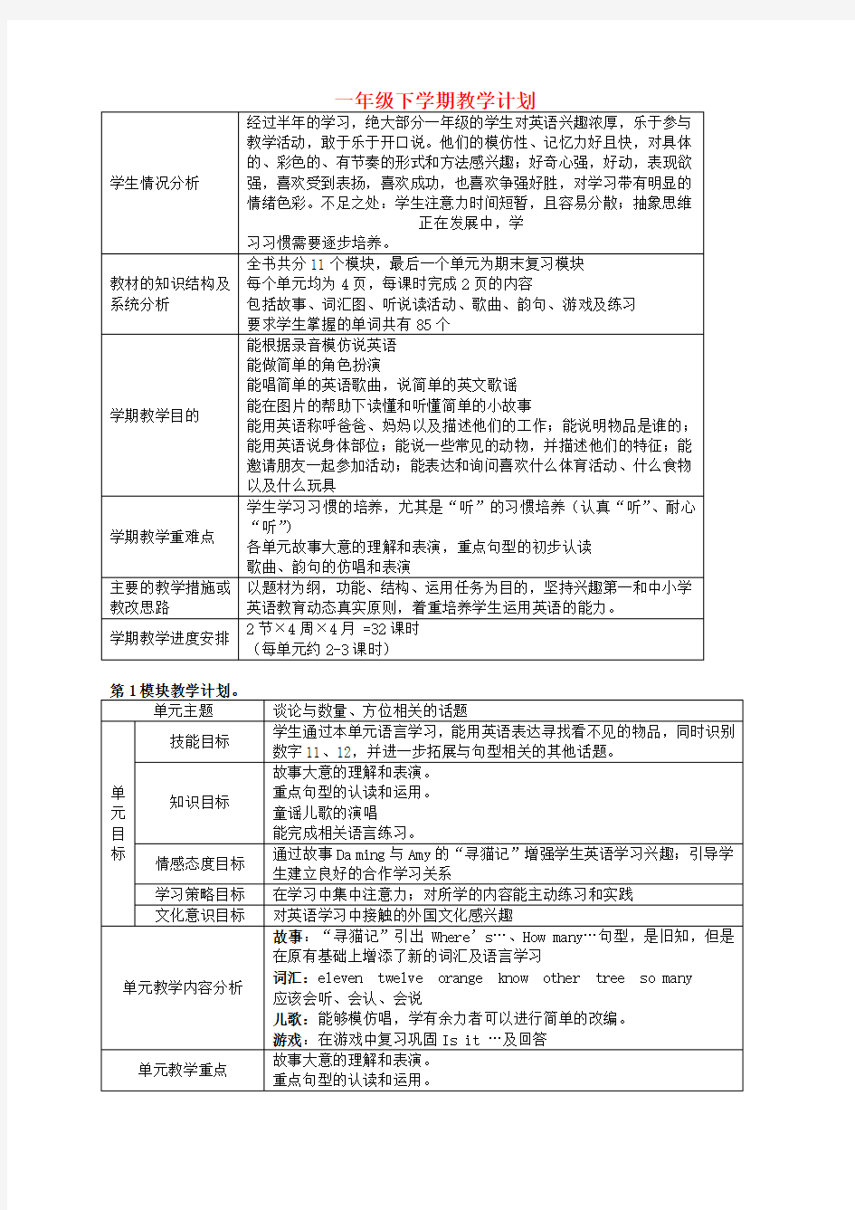 一年级英语下册-Module1教案-外研版(一起)