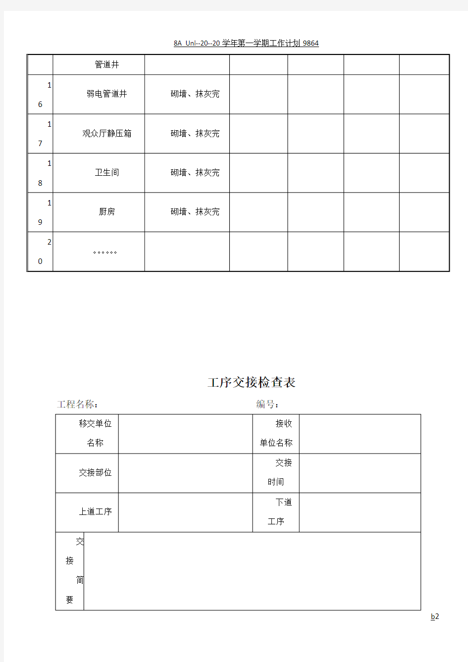 土建移交机电安装工作面计划表