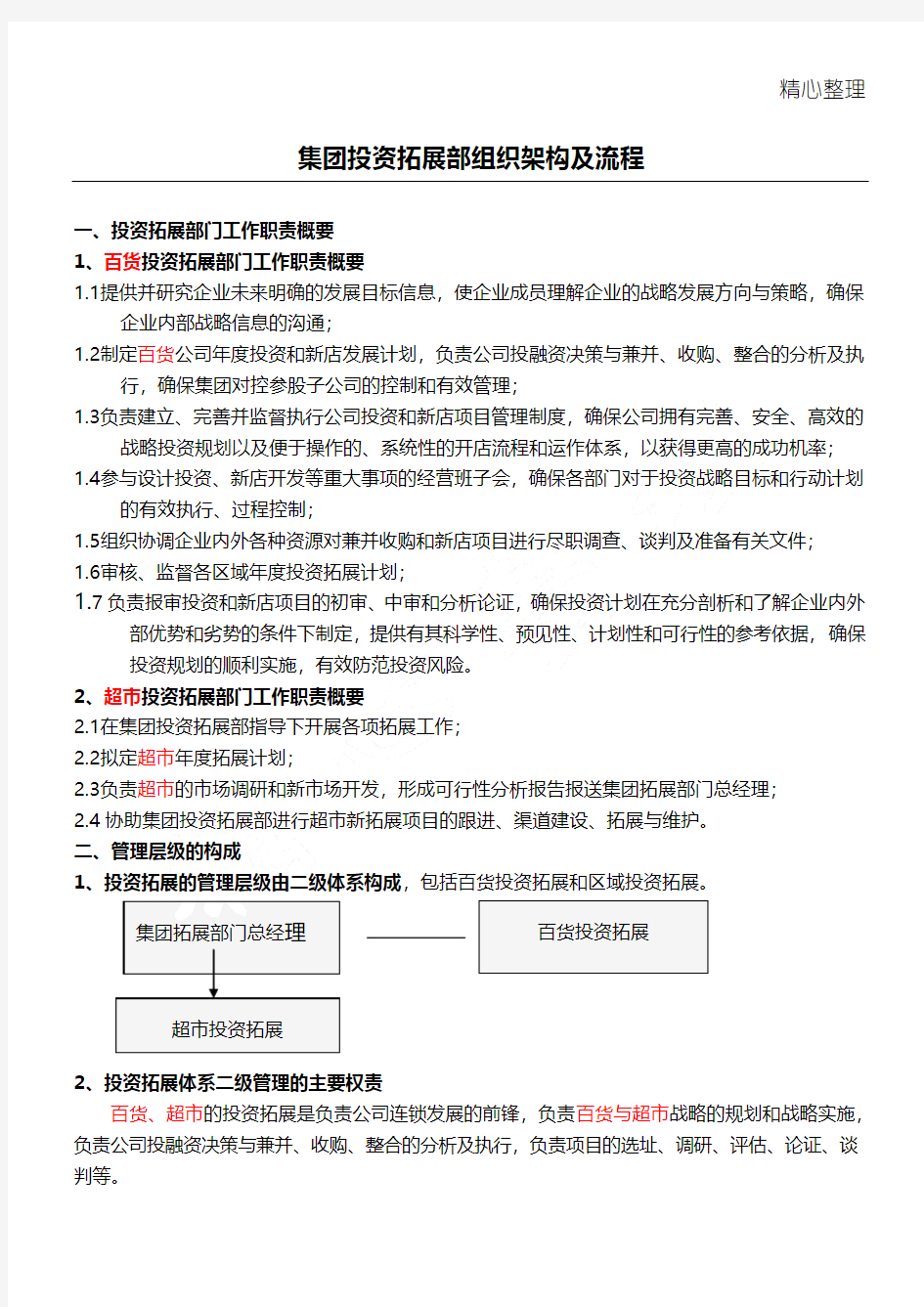 银泰百货集团投资拓展部组织架构及规程