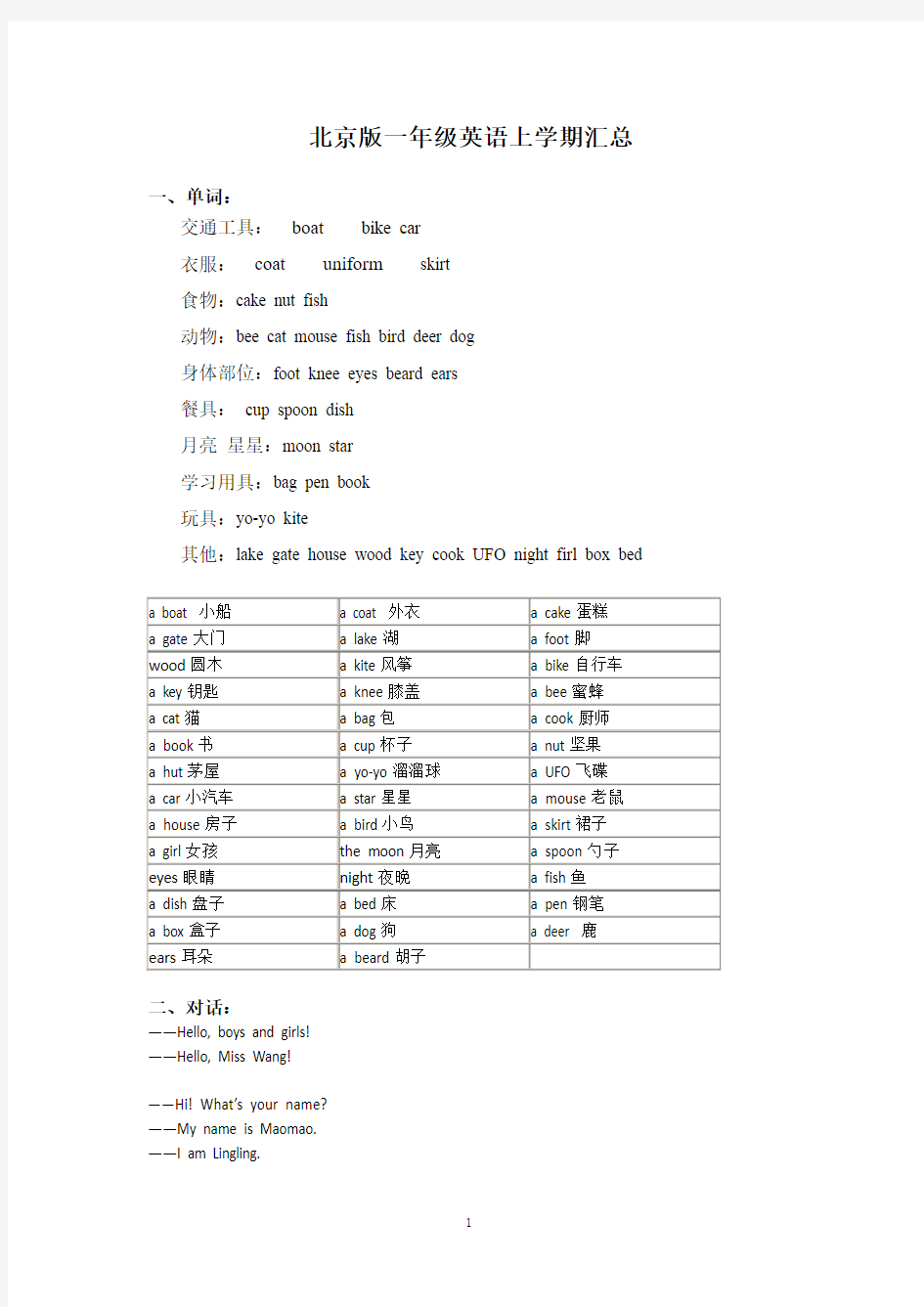 北京版一年级英语上下学期知识点汇总.doc