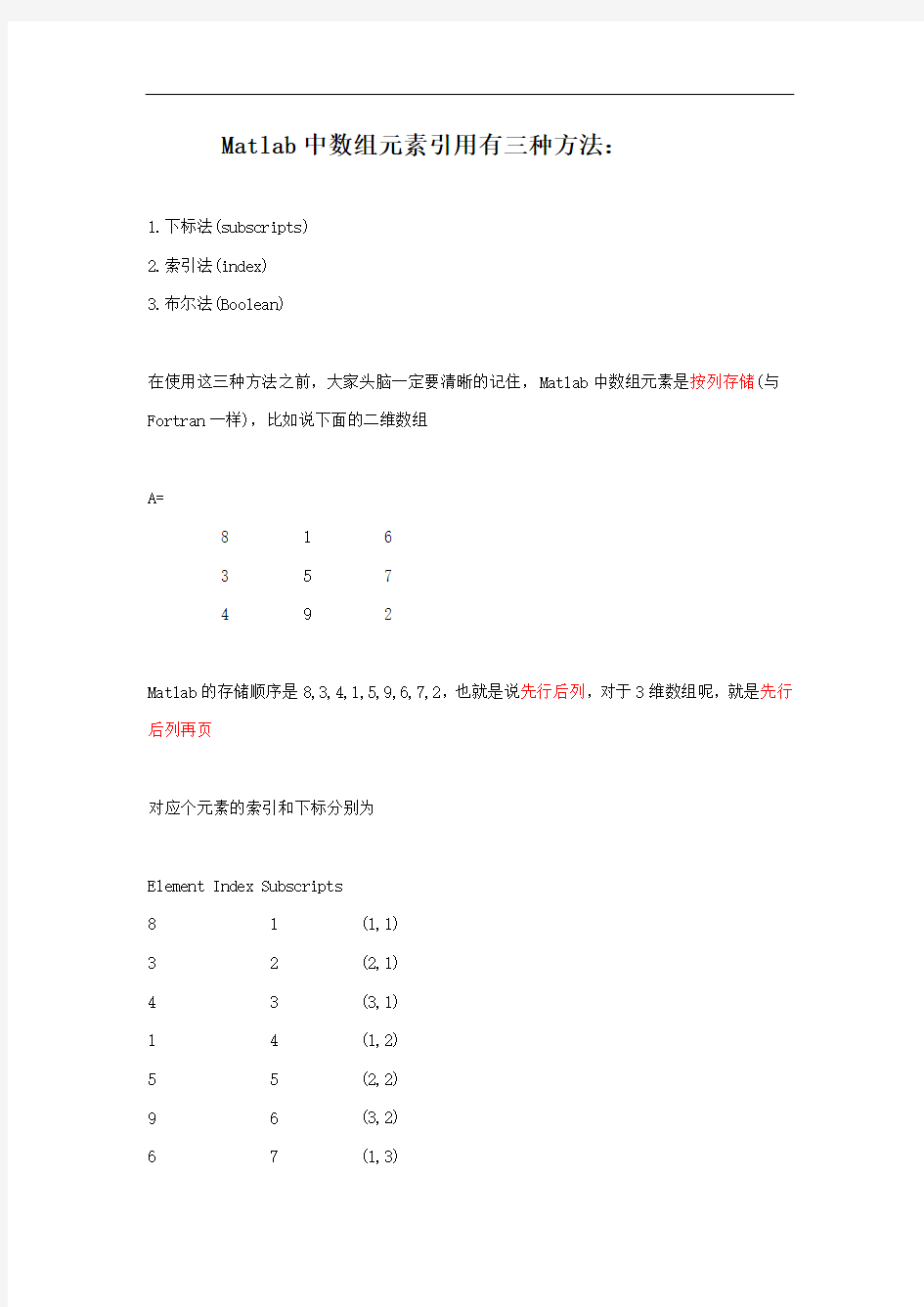 matlab中数组元素引用解析