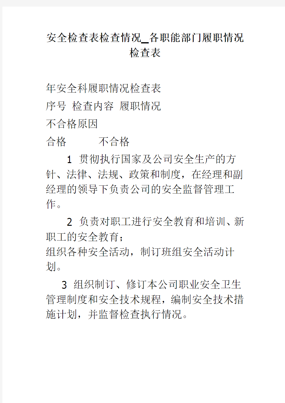 安全检查表检查情况_各职能部门履职情况检查表