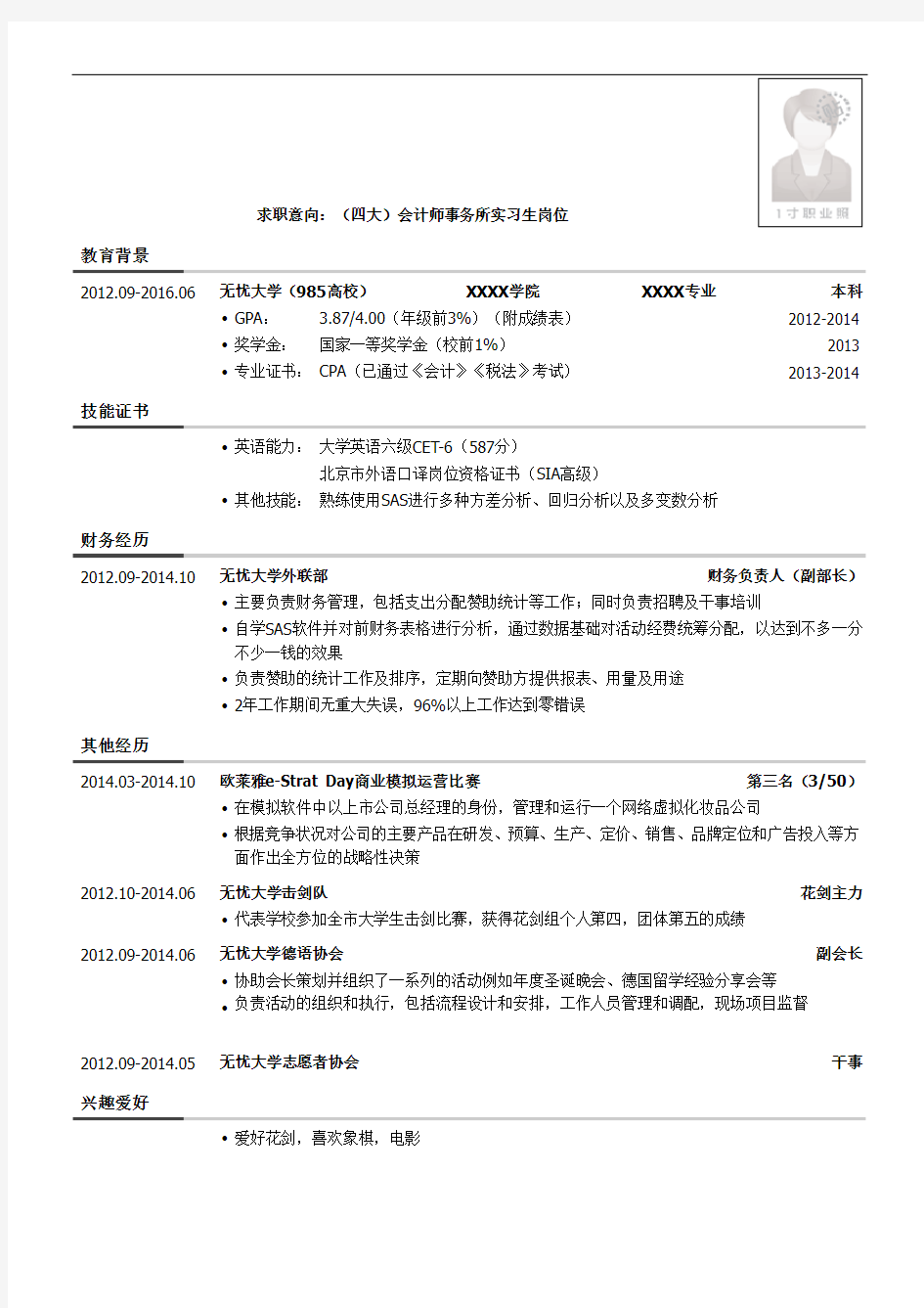 最美简历-四大类-四大会计师事务所实习生简历模板(有校园活动)