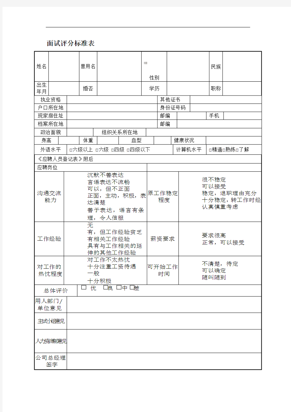 面试评分标准表