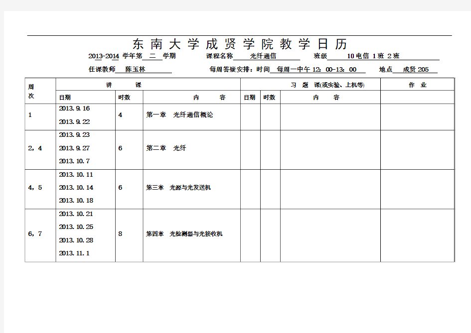 光纤通信教学日历(2013-2014-2)