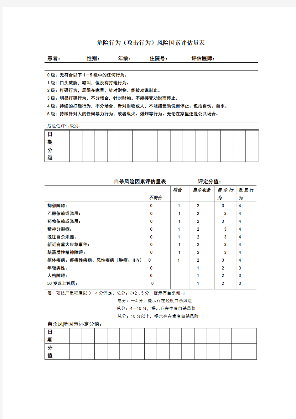 危险行为评估量表